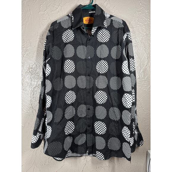 R. Lewis Black White Circle Polka-Dot Button Up Dress Shirt Mens Size Large - Picture 1 of 4